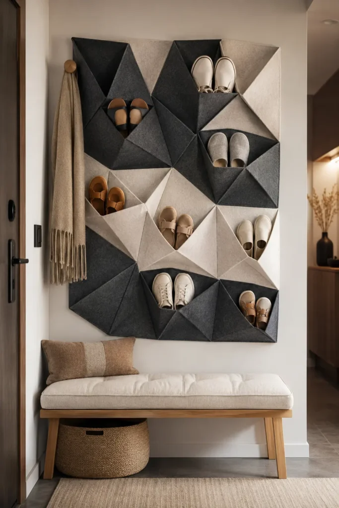 small space entryway with an origami felt shoe pocket wall.
