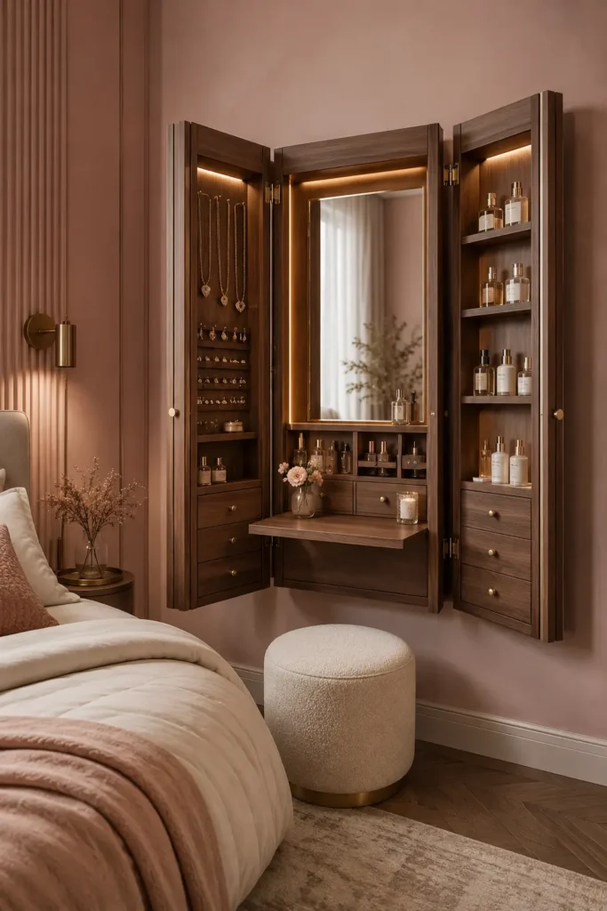 small bedroom with an accordion wall vanity cabinet for bedroom storage.
