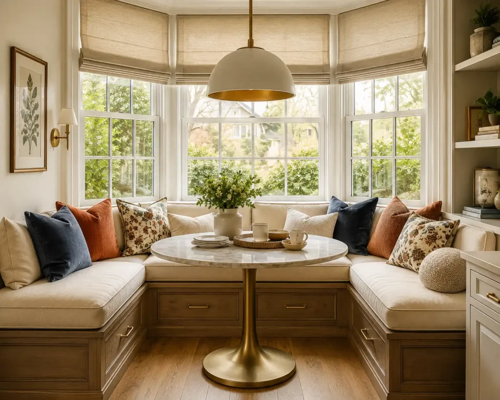 A luxurious built-in L-shaped dining banquet nestled directly under a bright bay window. The bench is topped with thick cream-colored custom cushions and vibrant throw pillows. A small round table with a slim brass pedestal base sits in the center. 
