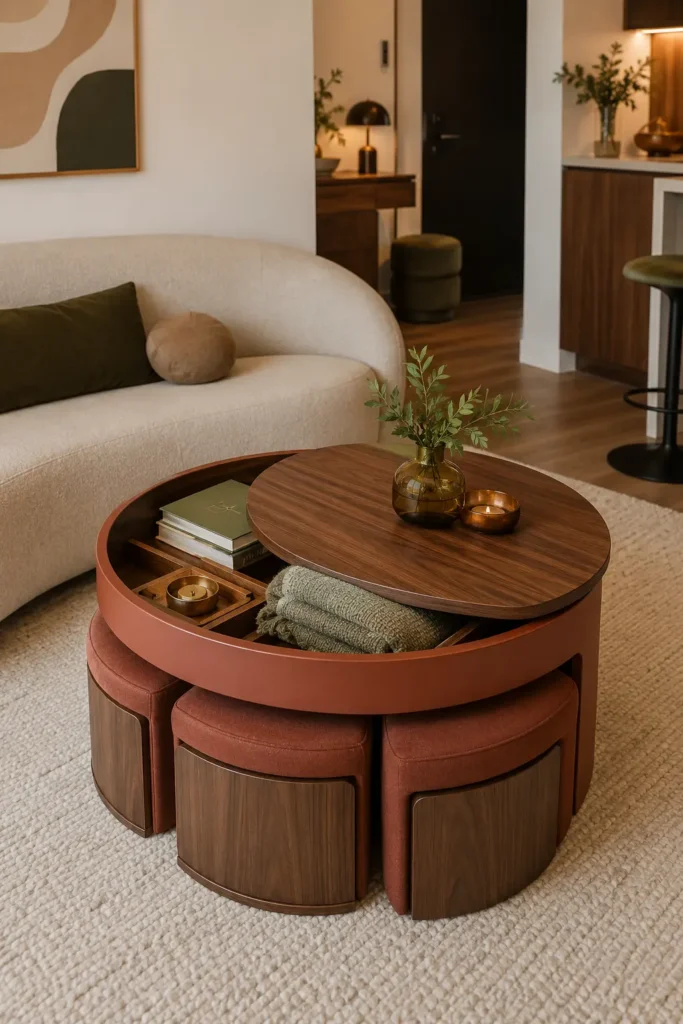  small apartment living room with a nesting coffee table storage system.