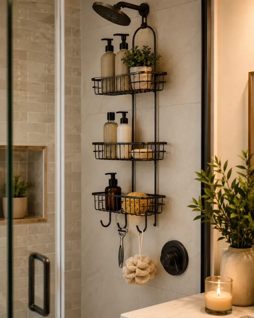 Small shower with a multi-tier shower caddy holding shampoo, body wash, and bath accessories in a clean organized bathroom.