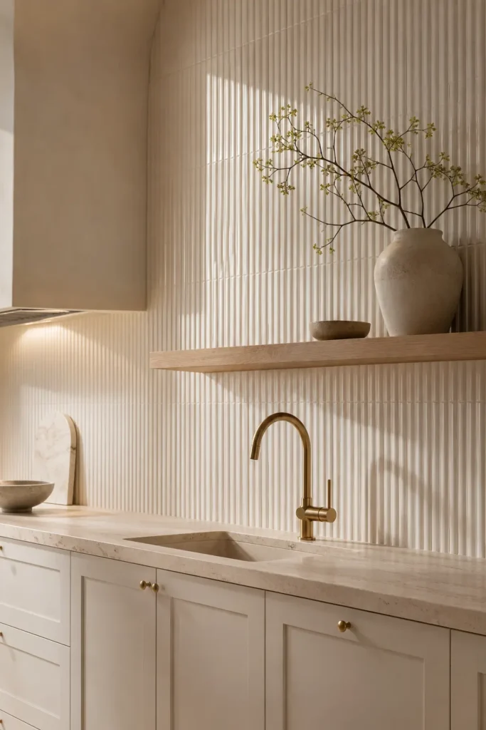 A small modern kitchen with fluted cream ceramic tile backsplash.