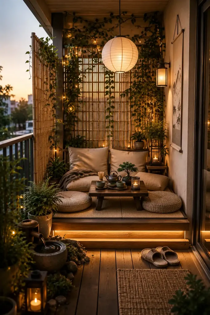A narrow Japandi-inspired balcony designed like a tiny outdoor tea house.