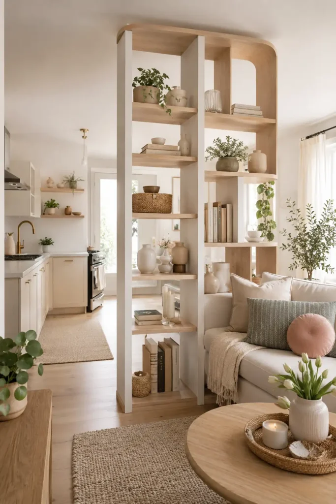 A stylish small open concept kitchen living room with a slim open bookshelf divider
