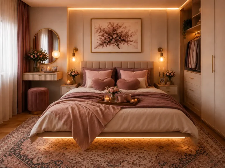 Romantic small bedroom layout for couples with a cozy floating bed, heart pillows, warm lighting, compact storage, and stylish small-space decor.