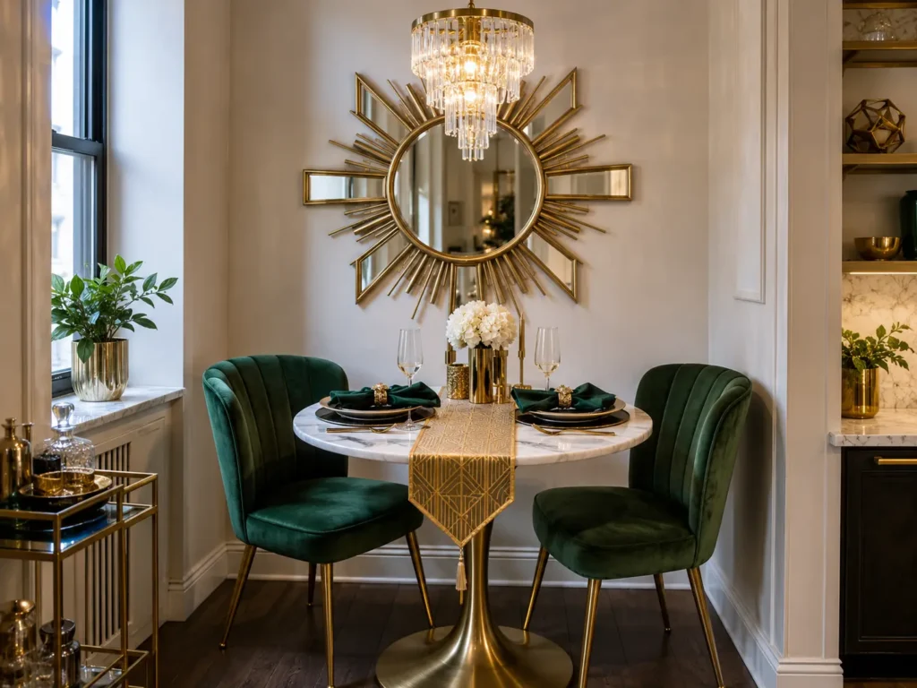 An opulent, glamorous small dining space. A heavy round white marble top table sits on a metallic gold pedestal base. Two plush emerald green velvet dining chairs stand alongside it. A tiered crystal mini-chandelier hangs over the table