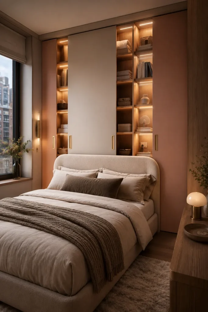 small apartment bedroom with a sliding pantry-style headboard storage wall.