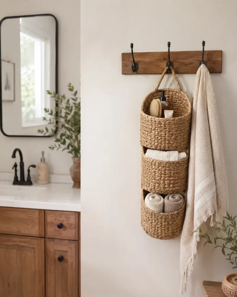 Small bathroom wall hooks holding a towel and hanging basket for simple space-saving storage.