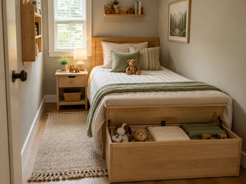 A small kids bedroom with a storage bench at the end of a single bed