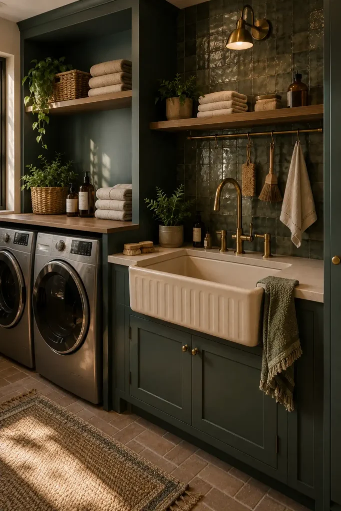 Moody Green Utility Sink Corner idea for laundry room.