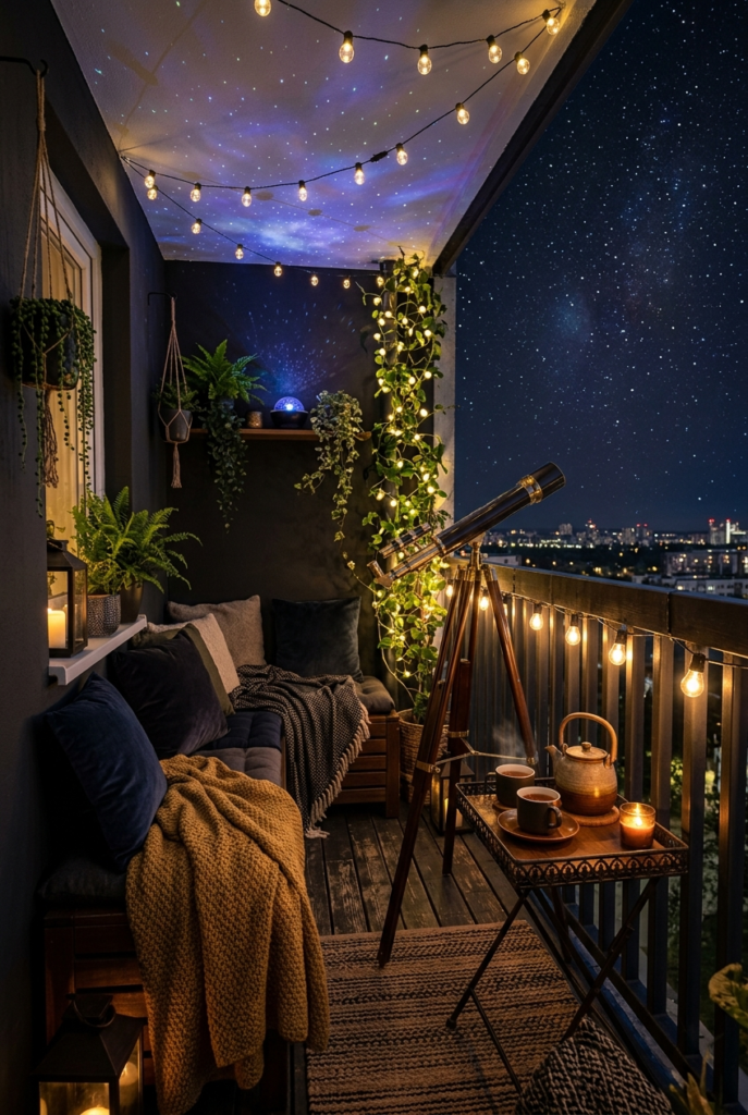 A narrow apartment balcony transformed into a dreamy nighttime observation lounge.