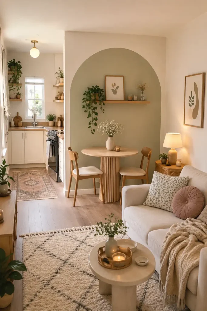 A renter-friendly small open concept kitchen living room layout with peel-and-stick arch wallpaper 