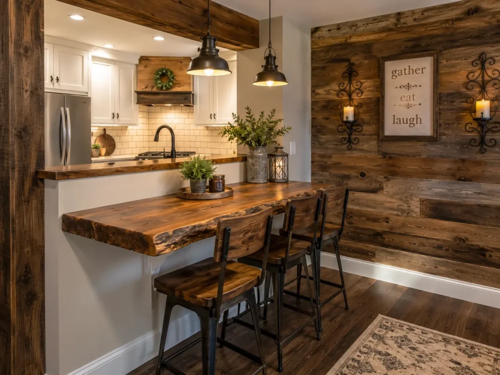 Small dining room idea: A warm, open-concept kitchen and dining area. A thick live-edge wooden table serves as an island extension bar coming off the main counter. Industrial high-back wooden and metal stools flank the bar. 