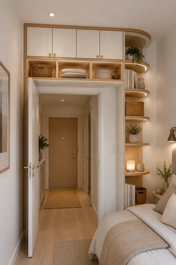 small apartment hallway or bedroom with above-door storage gallery shelves.