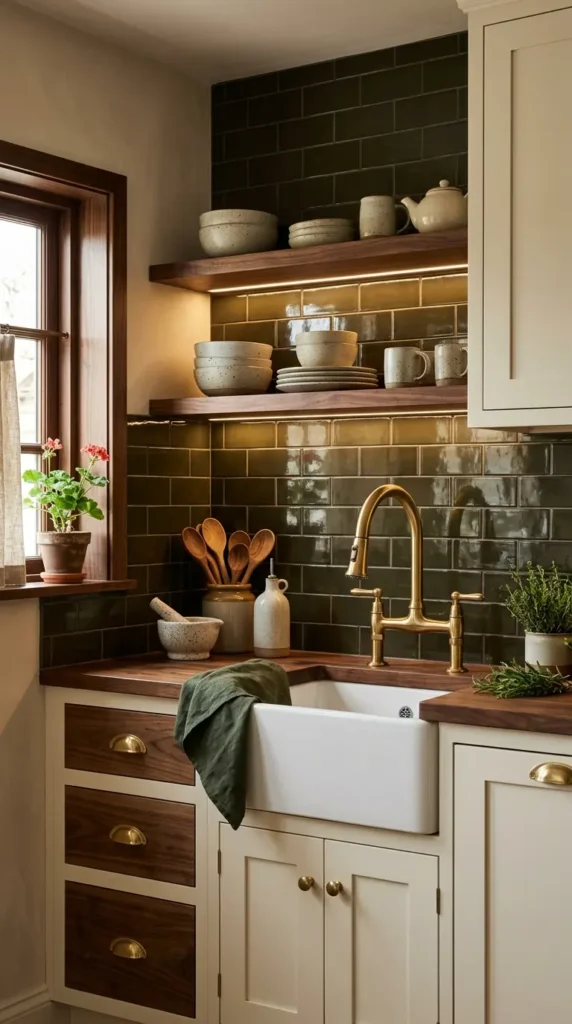 A small dramatic kitchen with dark olive glossy tile backsplash