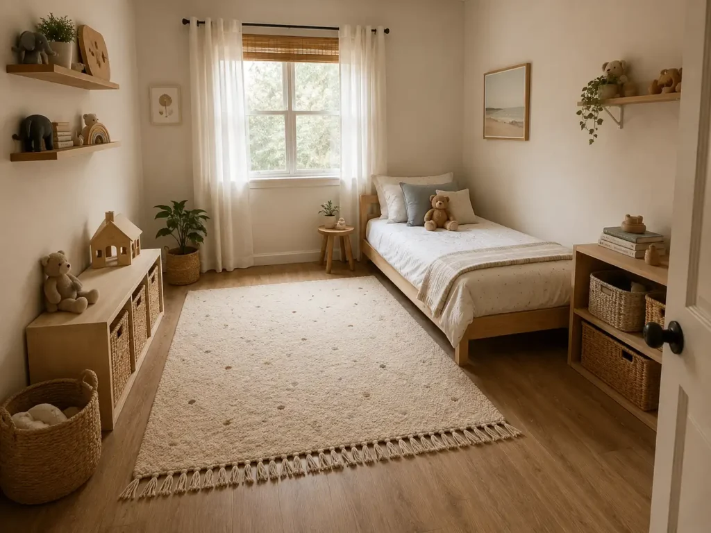 A small kids bedroom with a simple layout, bed against the wall, and open floor space in the center,