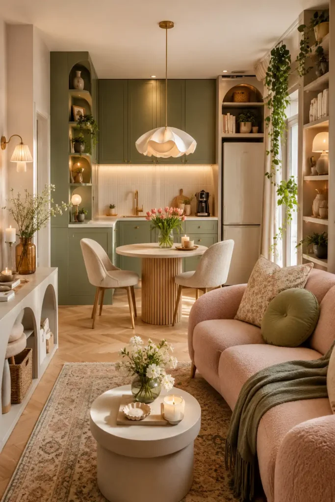 Mini Open Kitchen Living Room With a Round Pedestal Table Divider