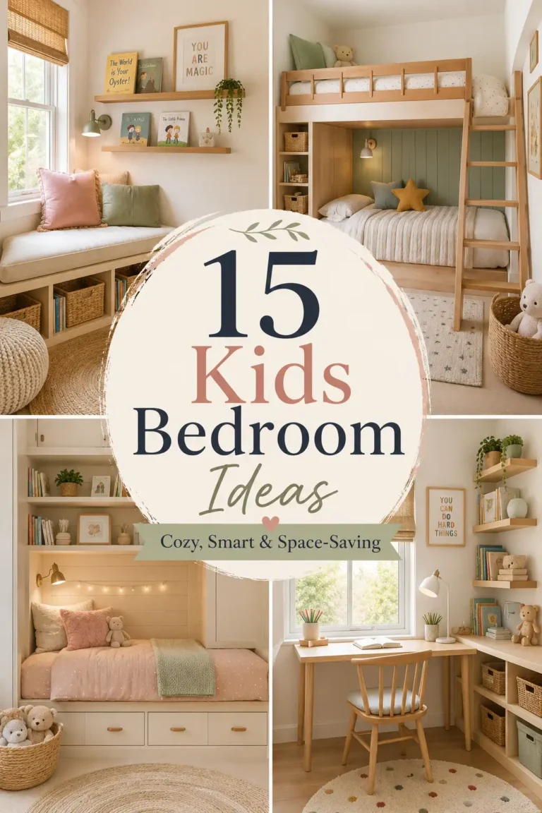 Pinterest-style collage graphic for 15 kids bedroom ideas with cozy small bedroom decor, bunk beds, shelves, storage, and study nook inspiration.