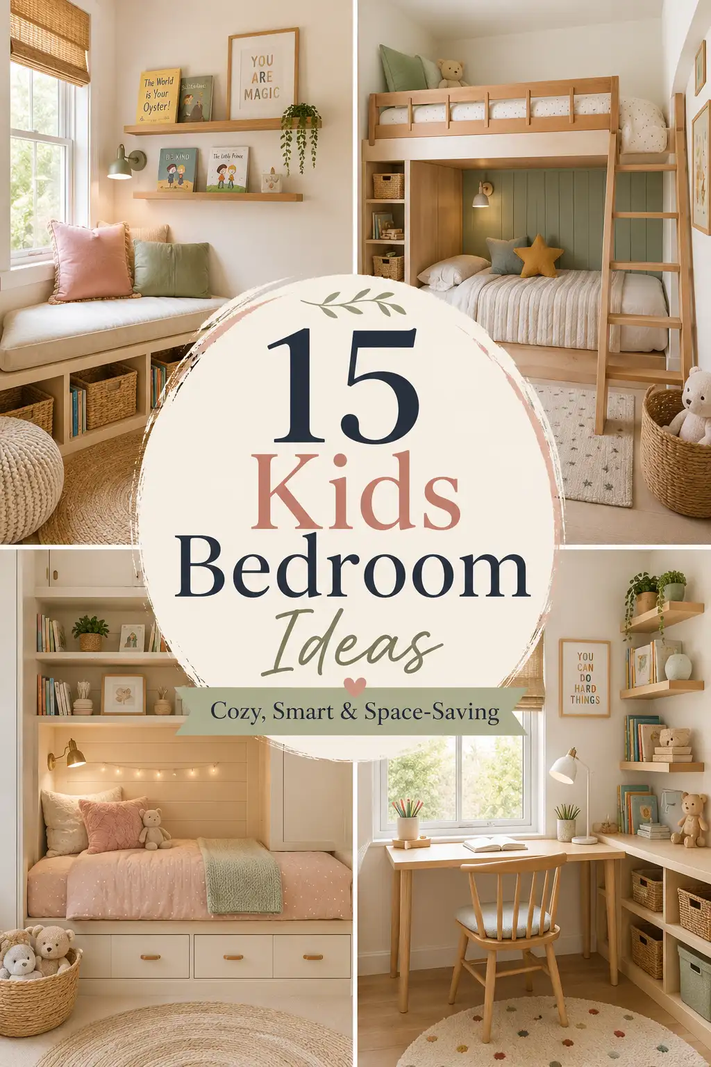Pinterest-style collage graphic for 15 kids bedroom ideas with cozy small bedroom decor, bunk beds, shelves, storage, and study nook inspiration.