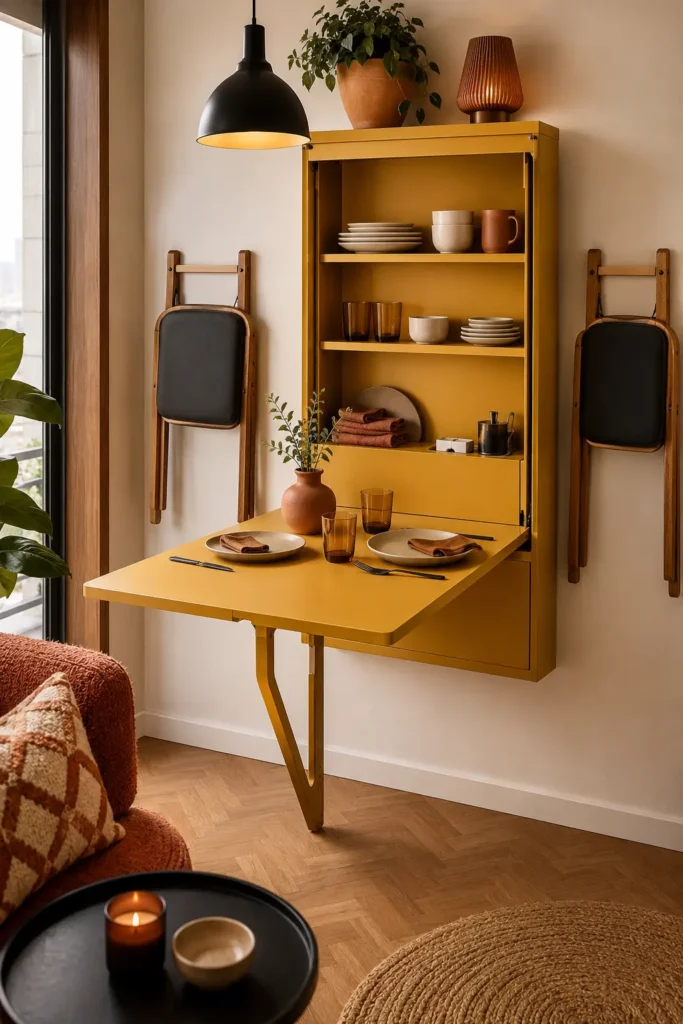 small apartment dining corner with a wall-mounted folding dining shelf.