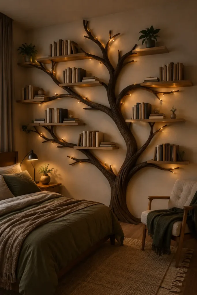An elegant tree branch reading wall bookshelf idea.