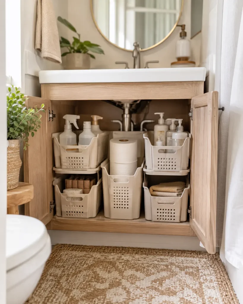 Tiny bathroom vanity with a small tray holding soap, cotton pads, and daily essentials in a neat elegant setup.