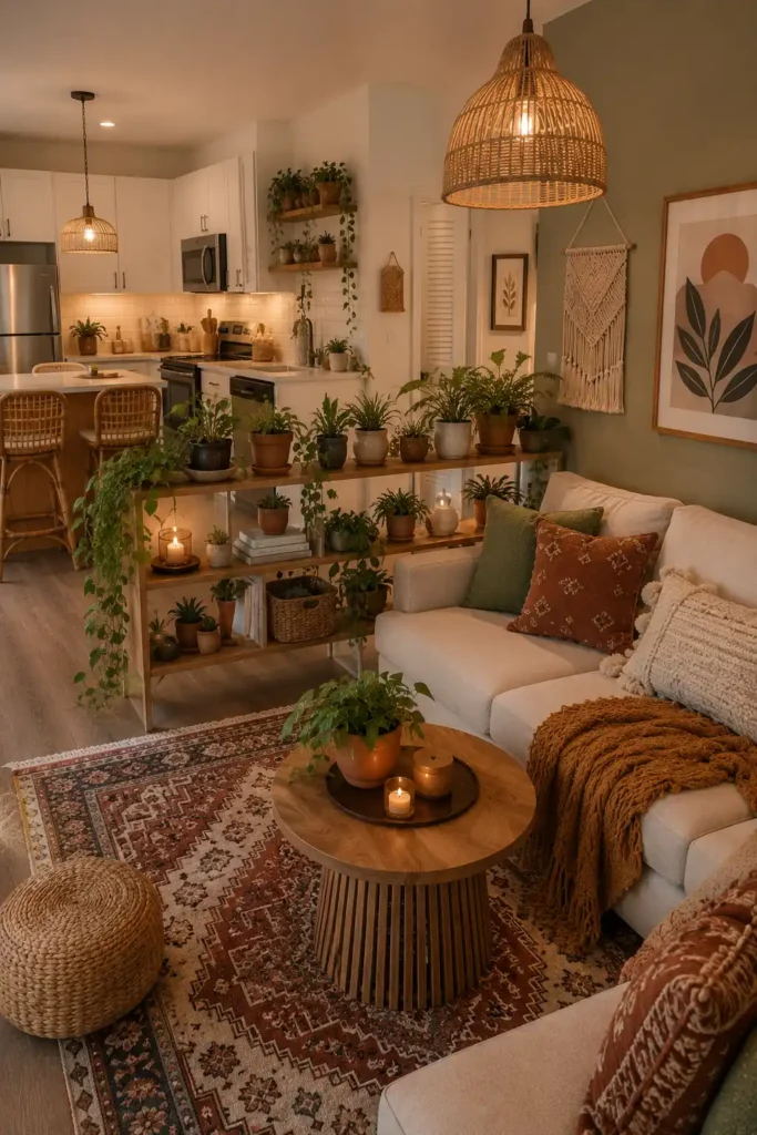 A dreamy boho small open concept kitchen living room, compact kitchen, open plant shelf border between kitchen and living room