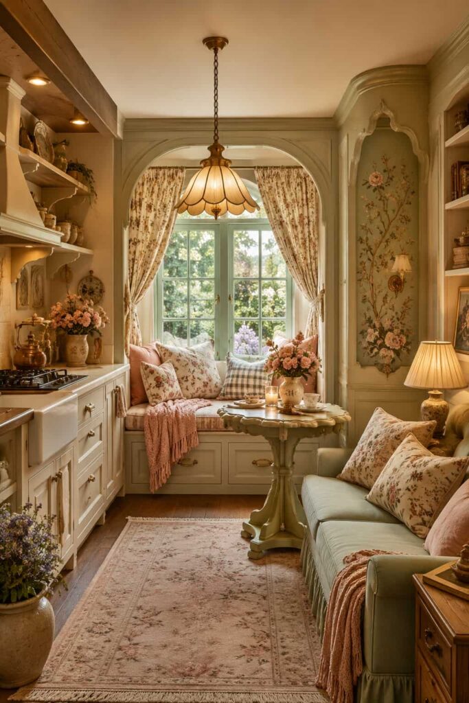 A dreamy storybook cottage-style small open concept kitchen living room.