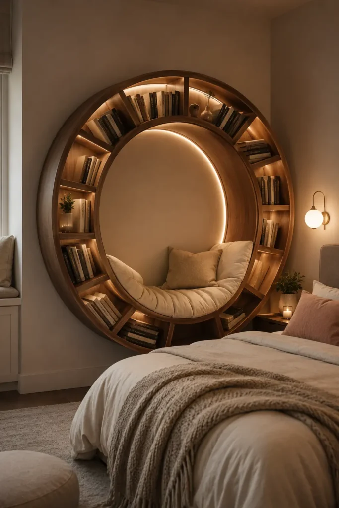 small bedroom corner with a compact circular reading pod bookshelf, round wooden bookshelf frame with books arranged around the circular ring, soft built-in cushion inside the lower curve.