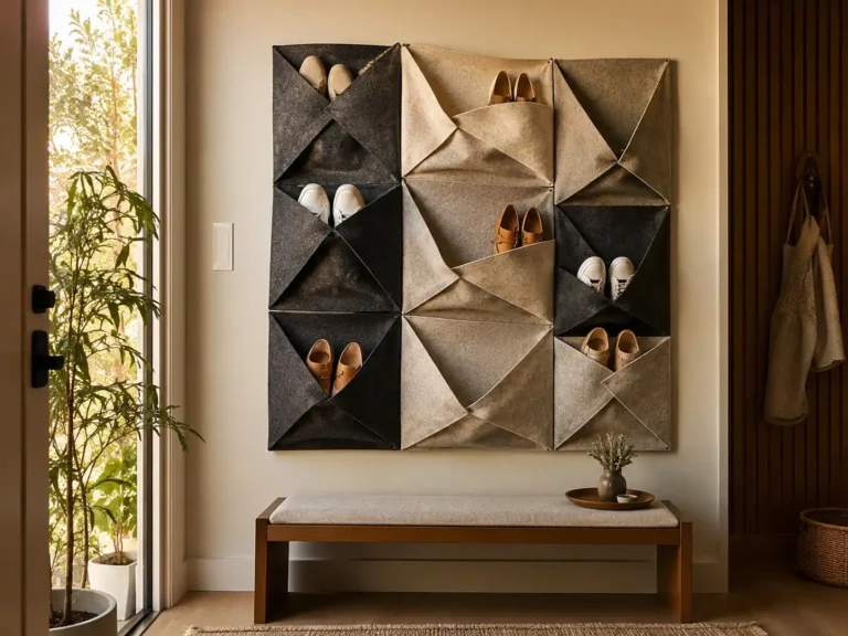 Pocket wall for shoe storage.
