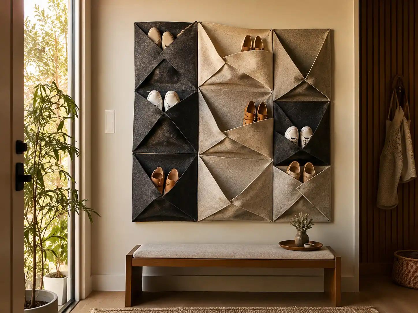 Pocket wall for shoe storage.