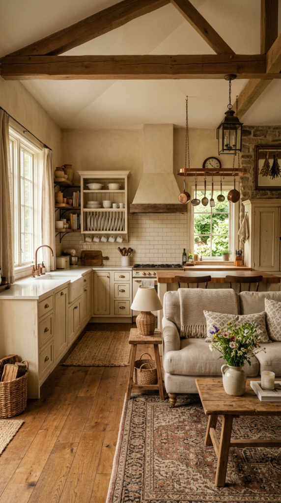 A French country-inspired small open concept kitchen living room layout.