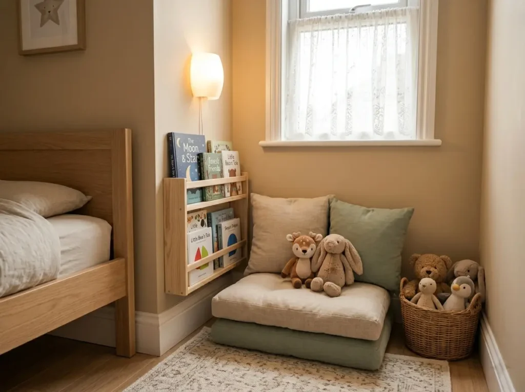 A small kids bedroom reading corner with floor cushions, a low bookshelf, soft wall lights, cozy rug