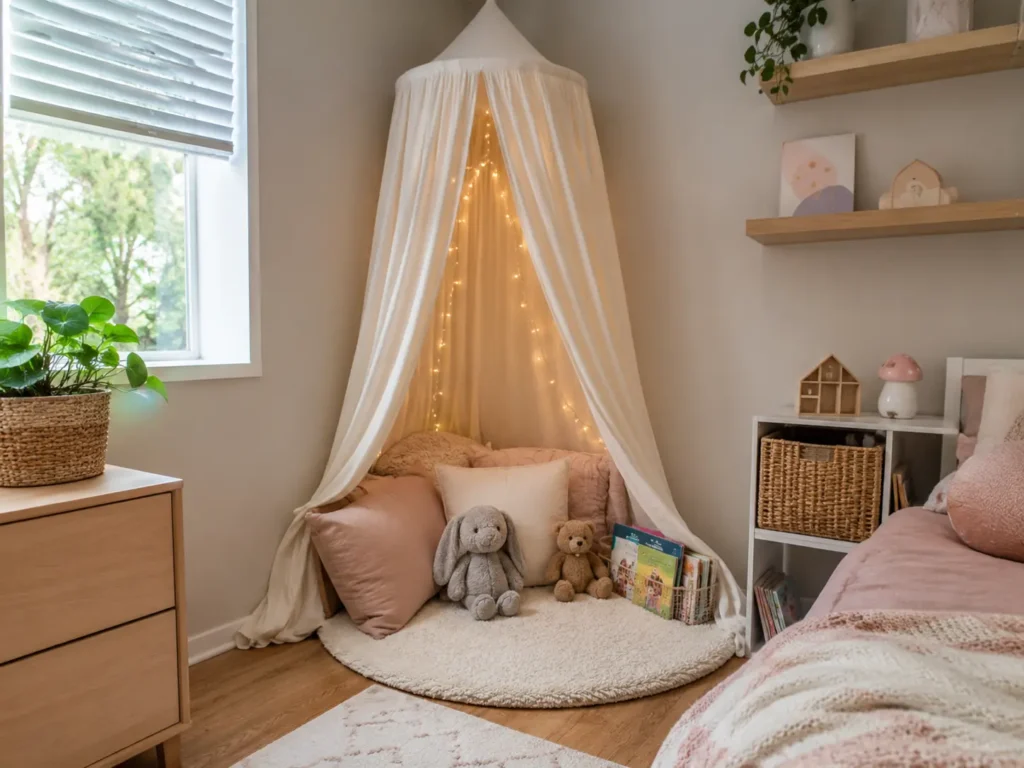 A small kids bedroom corner with a soft white canopy