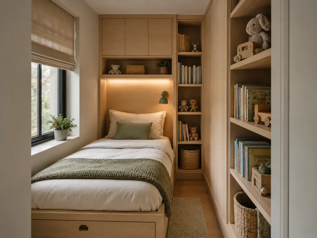 A small kids bedroom with built-in style shelves around a single bed