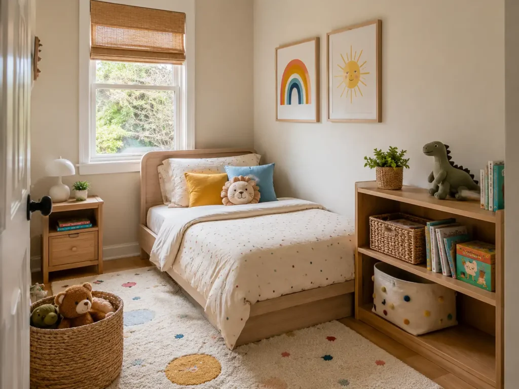 A small neutral kids bedroom with beige walls, white bed, light wood furniture, colorful pillows, playful wall art, and toy baskets