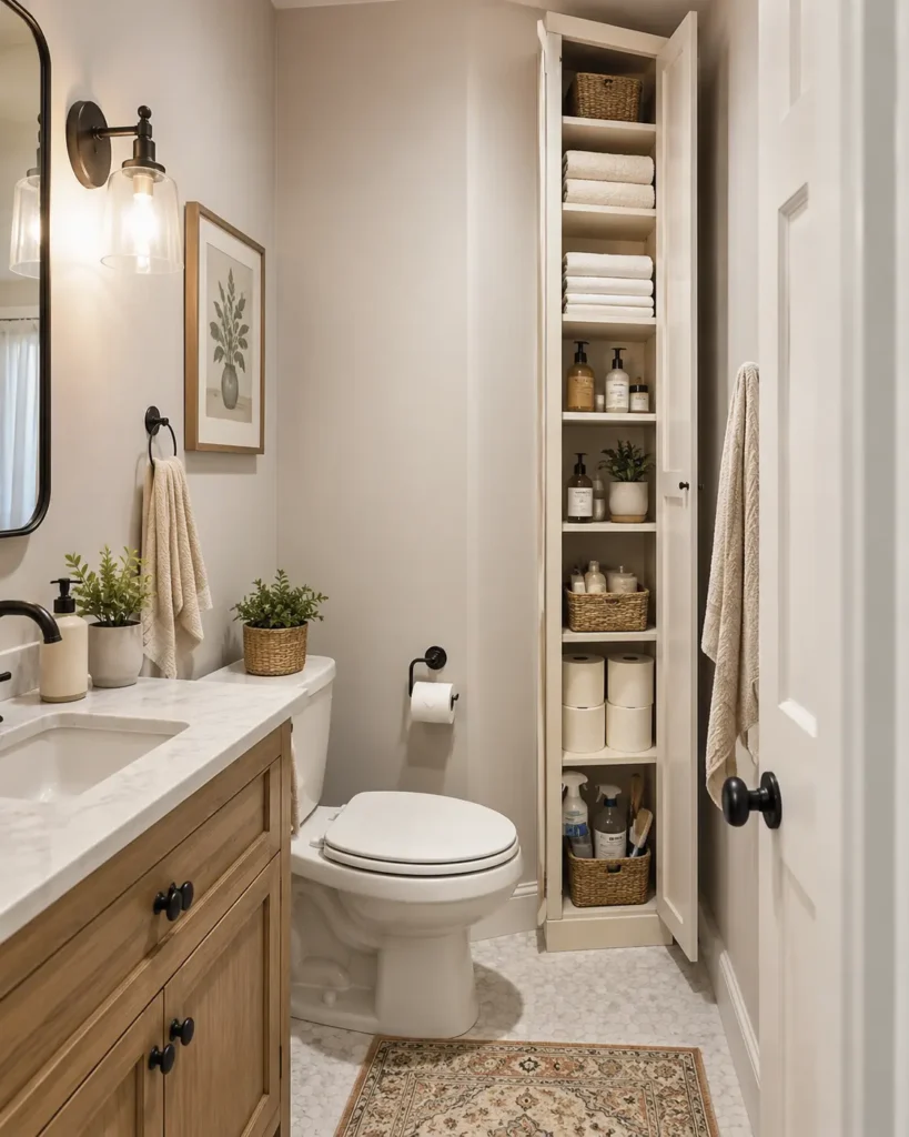 Tall narrow bathroom storage cabinet beside the toilet with towels, baskets, toiletries, and toilet paper in a small bathroom.