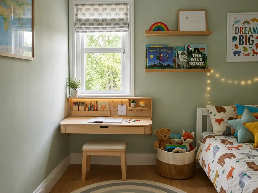 A small kids bedroom with a compact homework desk by the window, wooden chair, wall shelf, pencil holder, small lamp, soft neutral bedding in background