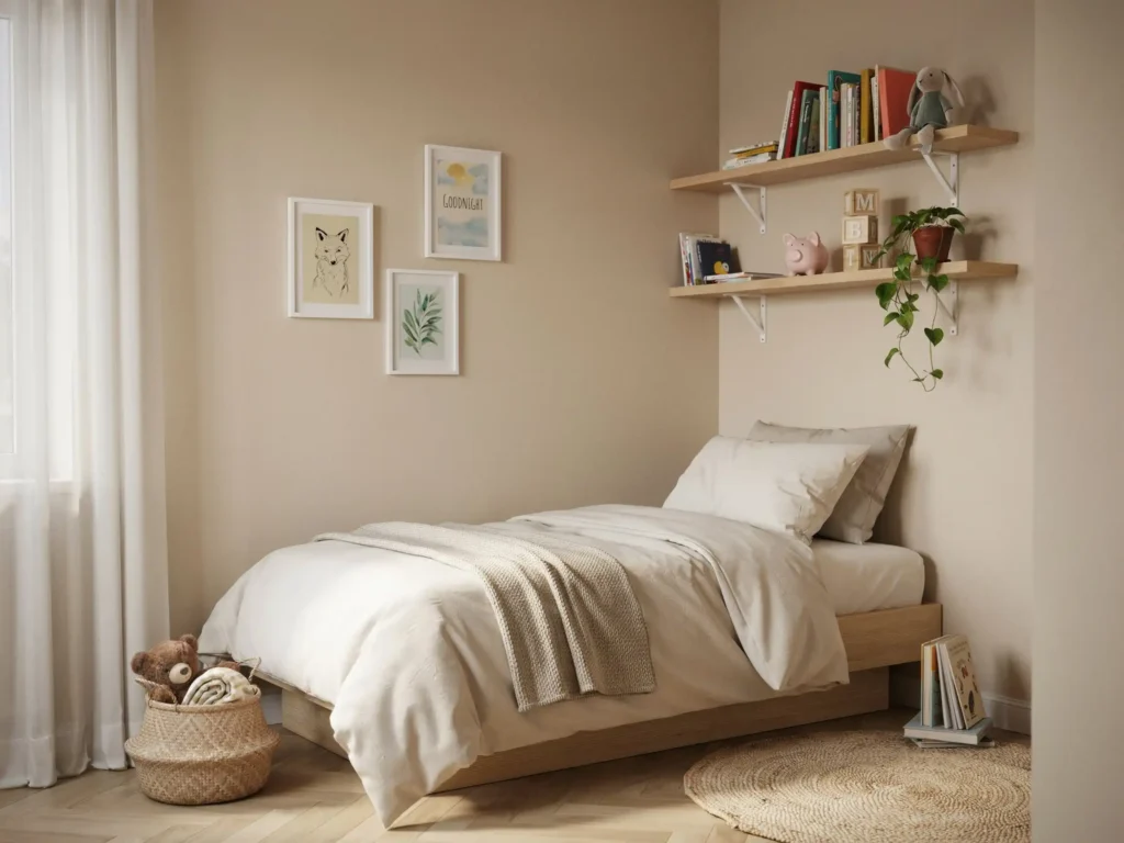 Cozy small kids bedroom with a single bed, soft neutral bedding, floating wall shelves, books, toys, and warm natural light.