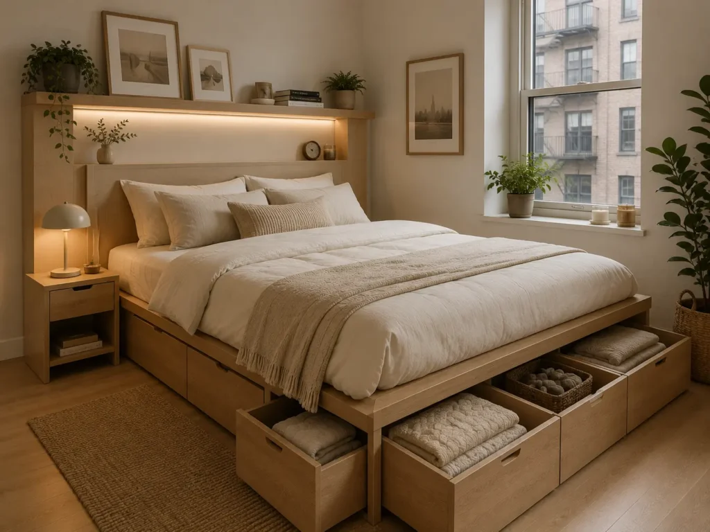 Compact one-bedroom apartment bedroom with a light wood storage bed, open under-bed drawers, folded blankets, shelf above the headboard, and warm neutral decor.