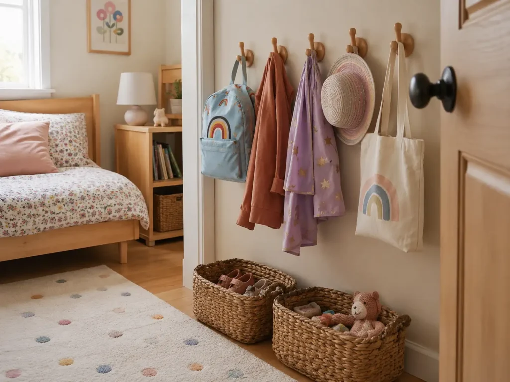 A small kids bedroom wall with cute wooden hooks holding backpacks, jackets, dress-up clothes, hats, and small bags, toy baskets below.