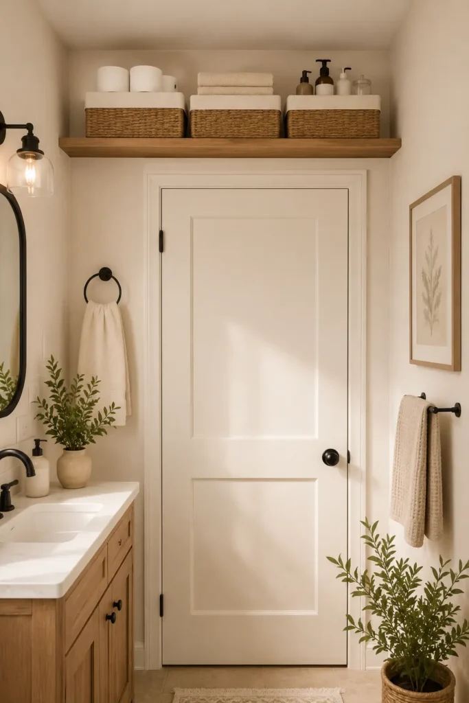 Shelf above the bathroom door with woven baskets, folded towels, toilet paper, and extra toiletries in a tiny bathroom.