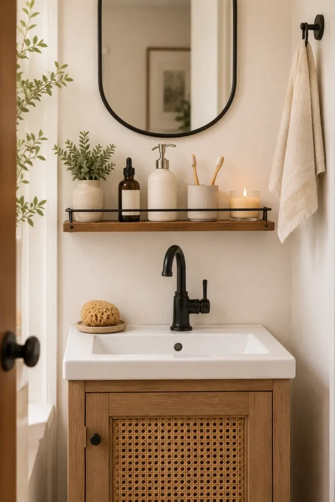 Slim shelf above a small bathroom sink holding skincare, soap, toothbrushes, a candle, and a small plant.