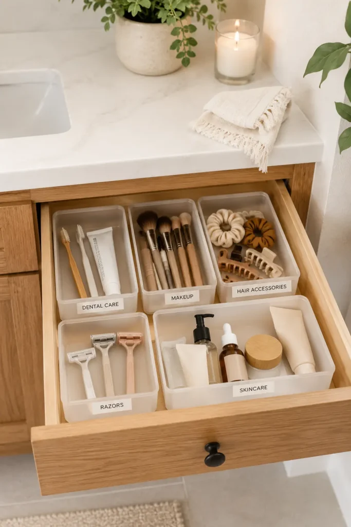 Bathroom drawer with labeled containers for dental care, makeup, hair accessories, razors, and skincare.