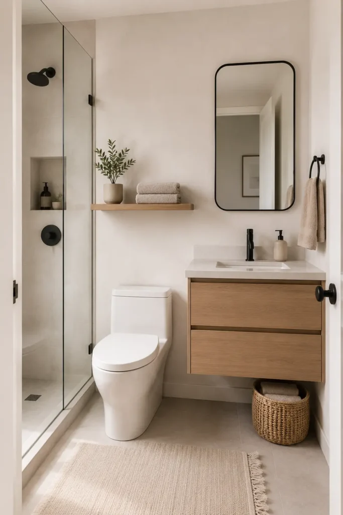 Minimal tiny bathroom with clear counters, hidden storage, folded towels, a small plant, and soft neutral decor.