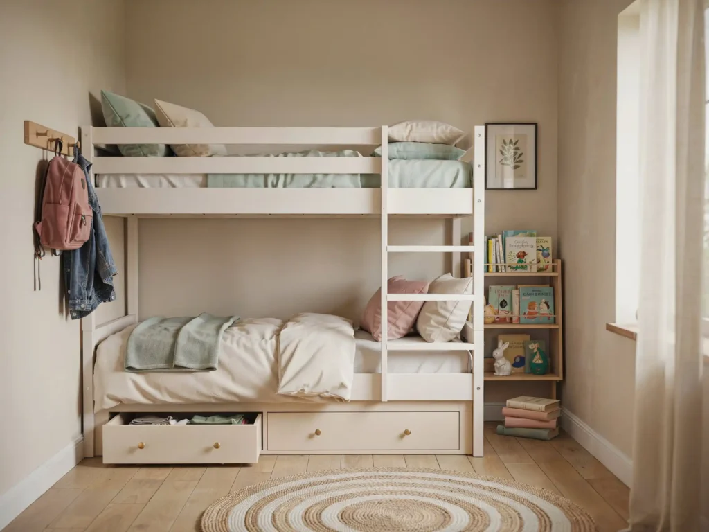 Small kids bedroom with a white bunk bed, under-bed storage drawer, wall hooks, bookshelf, and open floor space.
