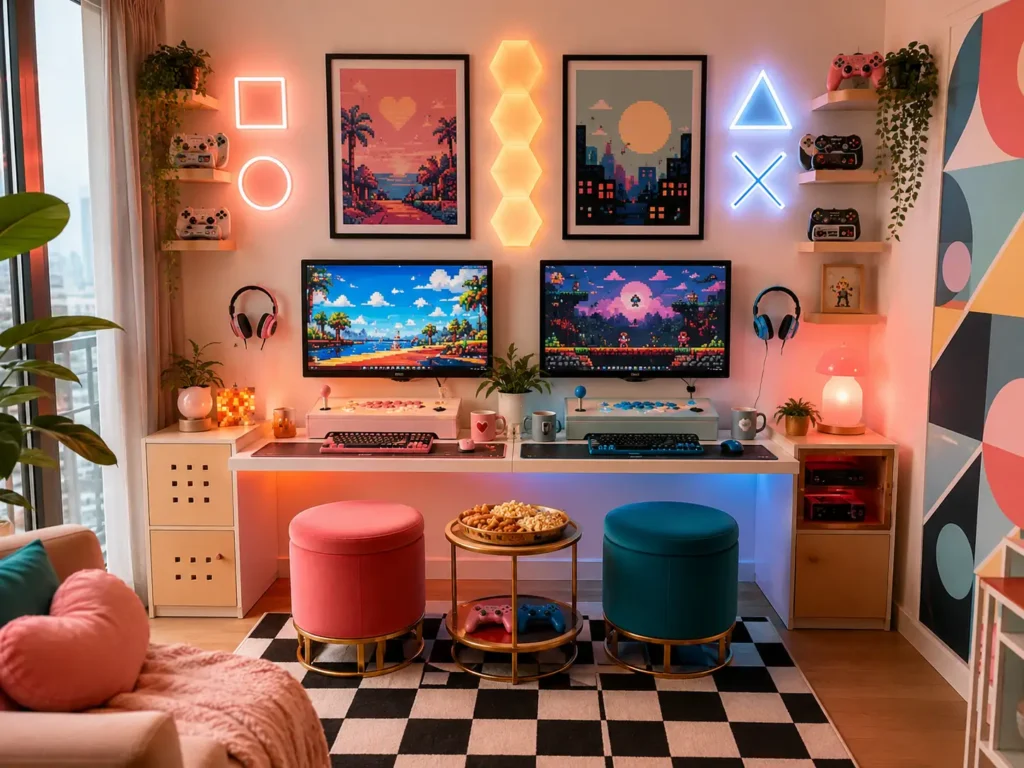 Cozy retro arcade gaming room for couples with two compact gaming stations, colorful stools, neon lights, checkered rug, and playful small-space decor.