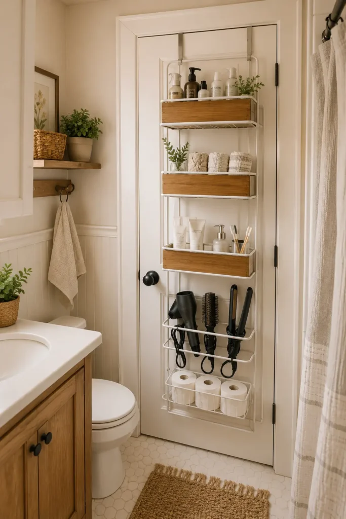 Small bathroom storage inspiration with natural textures, warm tones, and a neat organized layout.