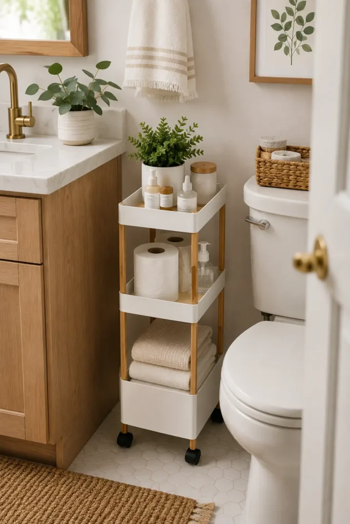 Modern tiny bathroom with natural accents and smart storage styling for a clean, calming look.