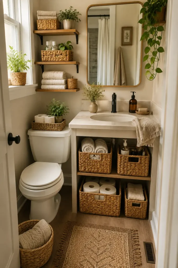 Organized small bathroom with practical storage solutions and a cozy minimalist design.